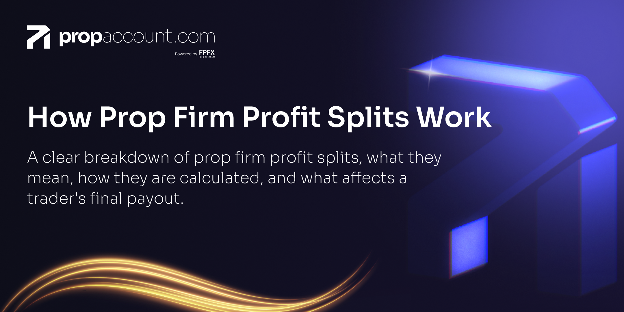 PropAccount.com banner image titled "How Prop Firm Profit Splits Work" with subtext describing a breakdown of prop firm profit splits and payout factors, featuring a blue 3D geometric graphic and gold light streaks on a dark background.