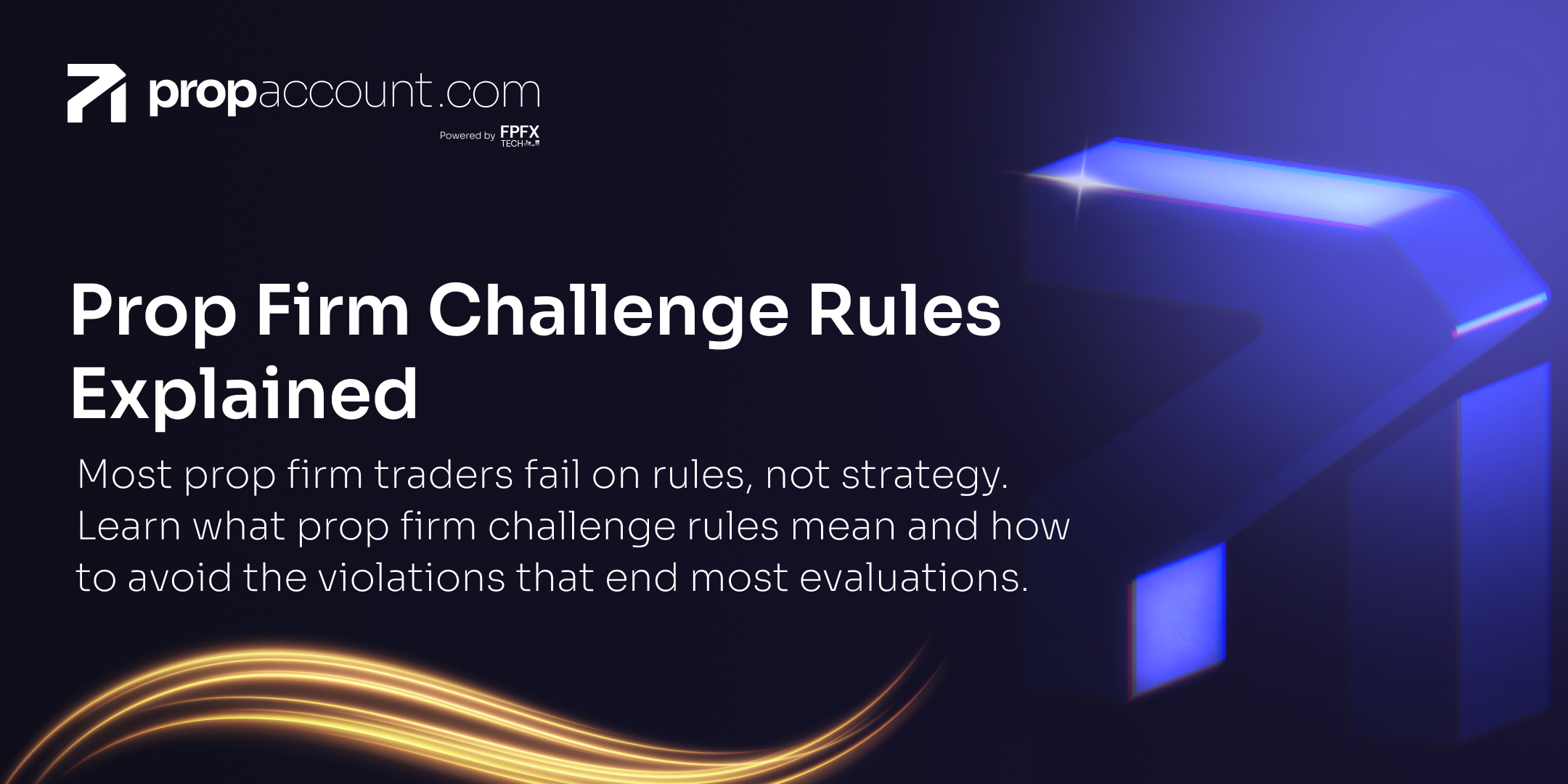 Blog 1 PropAccount.com blog header graphic titled 'Prop Firm Challenge Rules Explained' with a 3D purple arrow illustration, reading: Most prop firm traders fail on rules, not strategy.