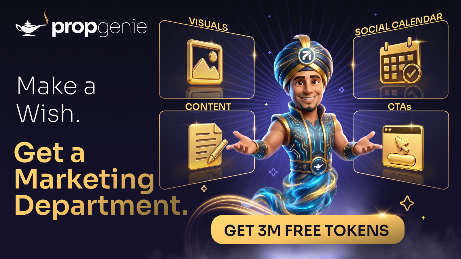 Blog 3 PropGenie Genie-Maskottchen bietet KI-generierte Visuals, Inhalte, Social-Media-Kalender und CTAs, mit einem "3M kostenlose Token erhalten"-Button